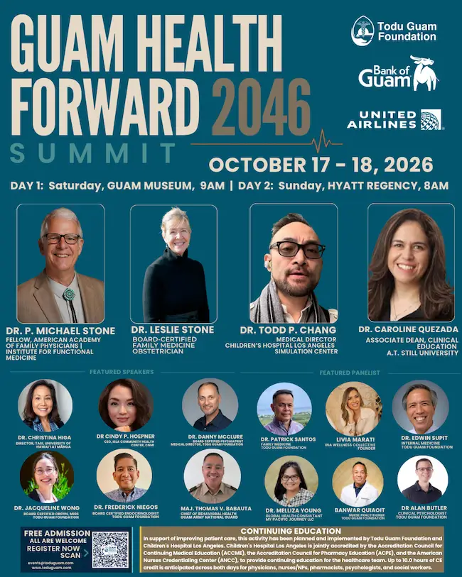 Guam Health Forward 2046 summit announcement featuring speakers, October 17–18, 2026